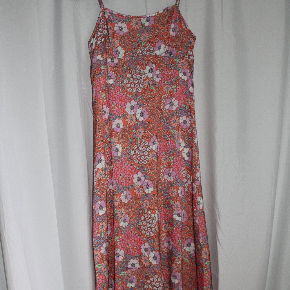 Originality Orange Silky Floral Retro Midi Dress Spaghetti Straps Summer Size S